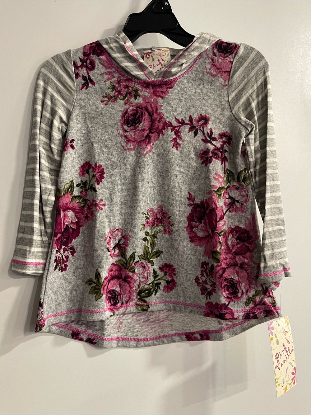 Pink Vanilla New Girls' Gray Floral Hoodie Top with Pink Rose Print